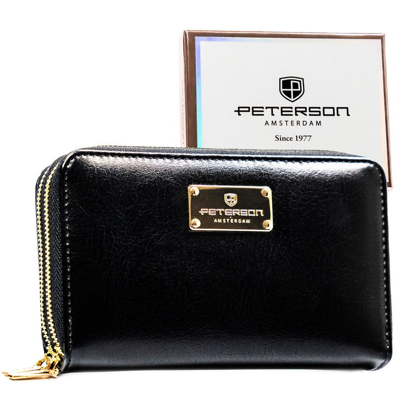 Czarny portfel damski w typie piórnika ze skóry ekologicznej wyposażony w system RFID - Peterson