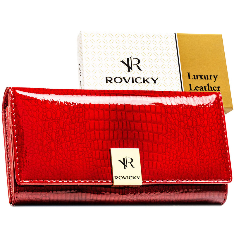 Duży, czerwony portfel damski ze skóry naturalnej we wzór imitujący skórę krokodyla - Rovicky