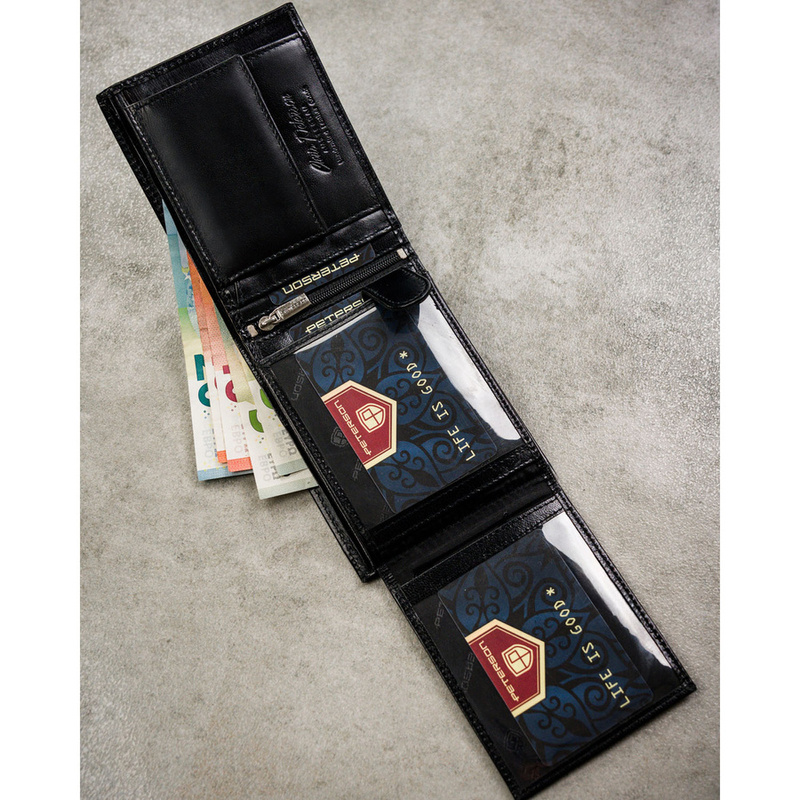 Zestaw prezentowy: skórzany portfel męski w czarnym kolorze z systemem RFID i pasek ze skóry ekologicznej - Peterson