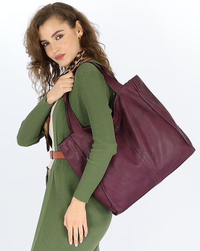 Torebka miejska shopper bag skóra naturalna handmade MARCO MAZZINI bordowa