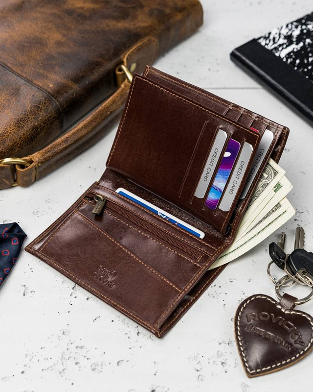Rovicky męski składany portfel skóra naturalna rozbudowany pionowy RFID