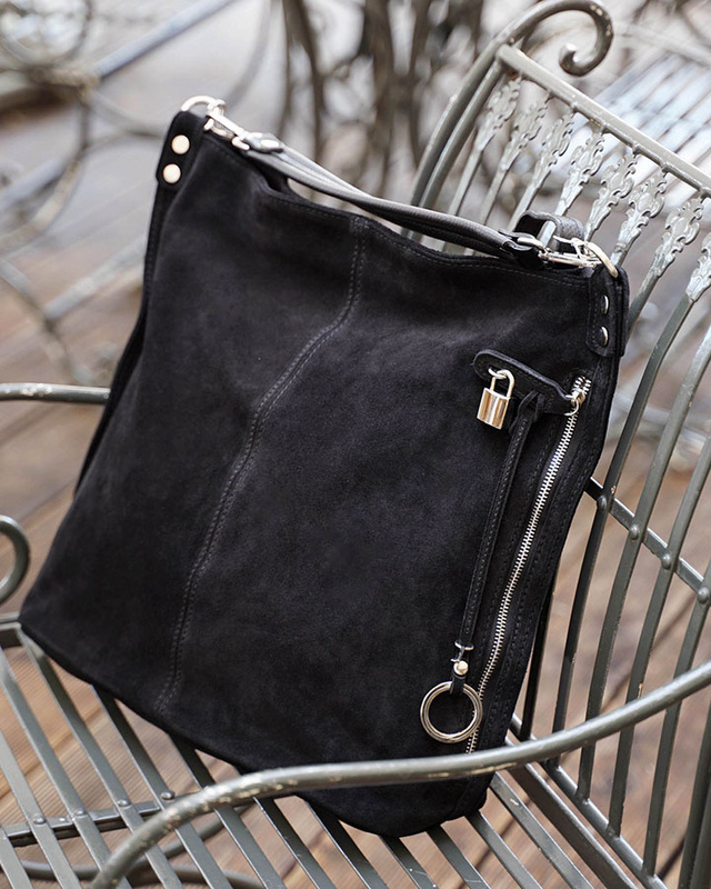 Torebka skórzana ponadczasowy design worek na ramię XL hobo leather bag - MARCO MAZZINI nubuk czarny