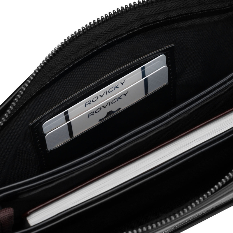 Saszetka męska ze skóry ekologicznej w czarnym kolorze, wyposażona w uchwyt na rękę - Rovicky