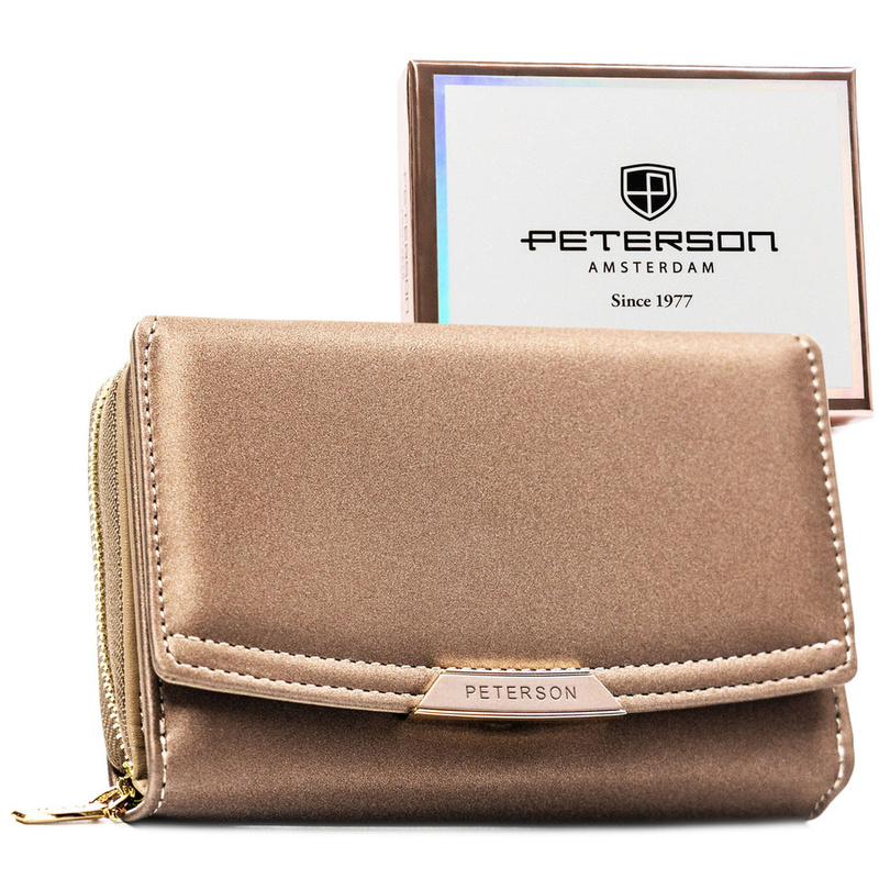 Beżowy portfel damski ze skóry ekologicznej zamykany na zatrzask i suwak - Peterson