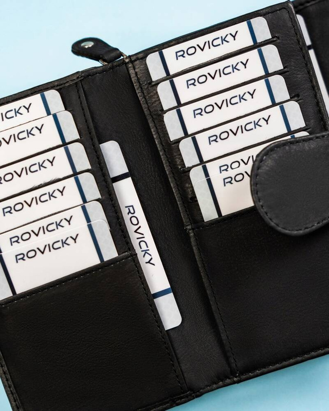 Rovicky Pojemny skórzany portfel damski na zatrzask roślinny wzór