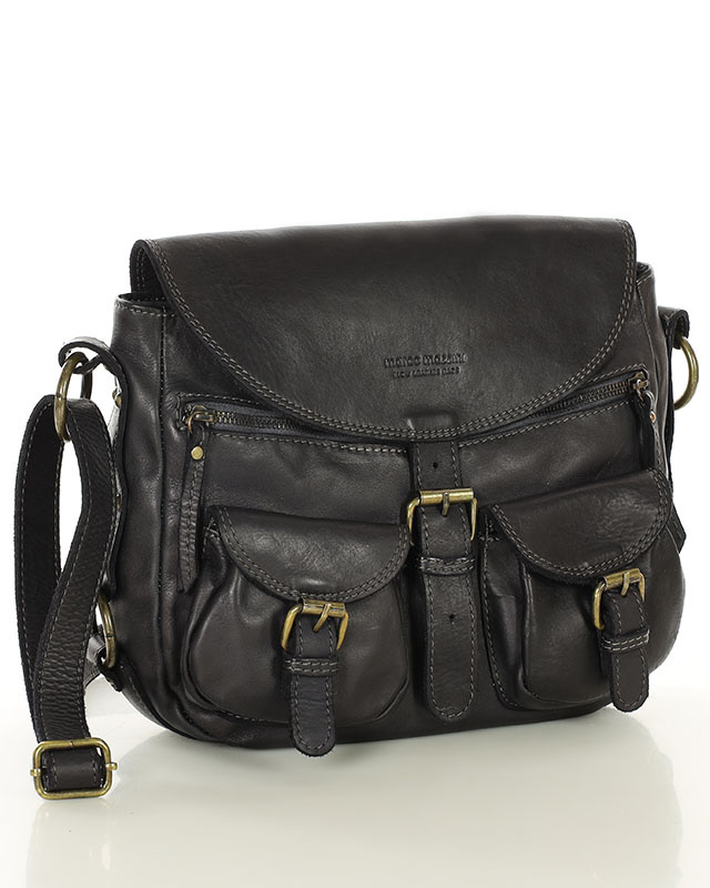 MARCO MAZZINI Skórzana torebka listonoszka z kieszeniami safari handmade bag czarna