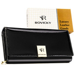 Skórzany, duży portfel damski w czarnym kolorze zamykany na zatrzask - Rovicky