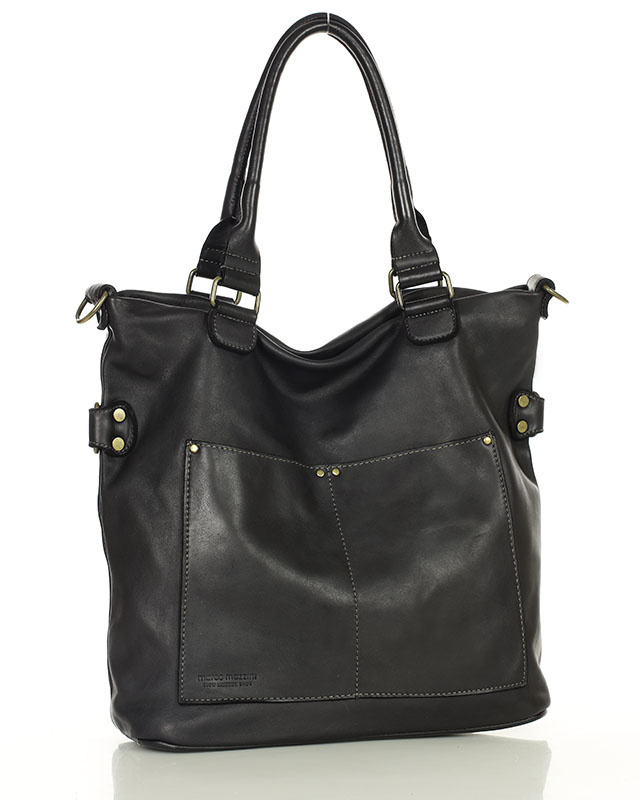 Torebka skórzana XL shopper vintage bag z kieszeniami vera pelle - MARCO MAZZINI czarny