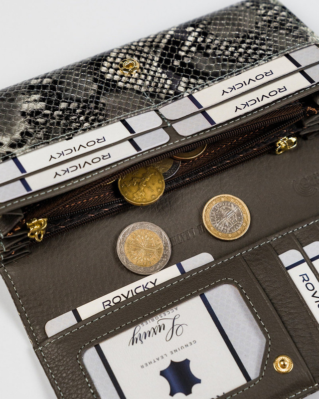 Rovicky podłużna damska portmonetka skóra naturalna portfel wzór węża RFID