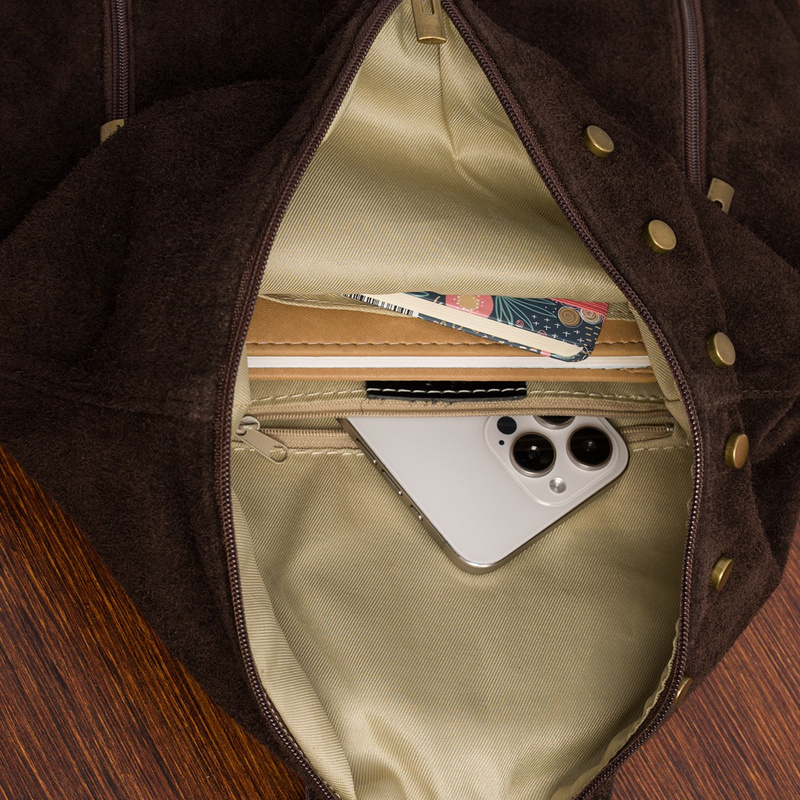 Plecak Damski Skórzany Zamszowy duży włoski A4 torebka skórzana rozkładana ciemny brąz W14