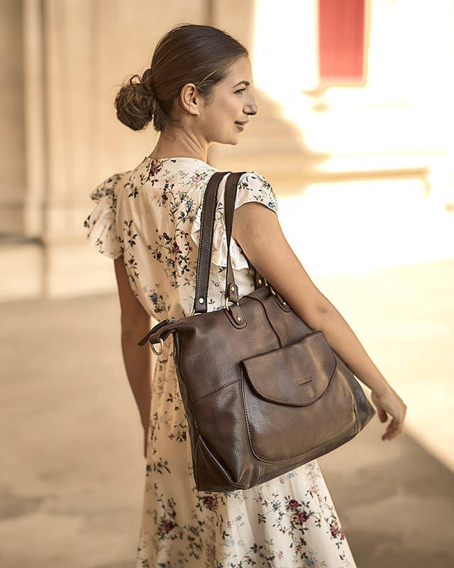 Shopper bag torebka skórzana A4 do pracy - MARCO MAZZINI ciemny brąz