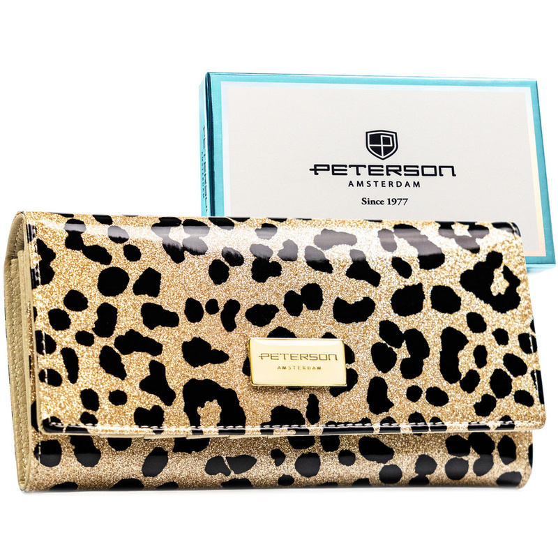 Duży portfel damski ze skóry ekologicznej i naturalnej w złotym kolorze zamykany zatrzaskiem - Peterson