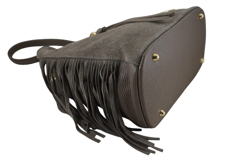 Skórzana torebka boho z frędzlami - Beżowa ciemna