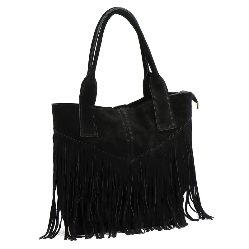Luka damska shopperbag skórzana zamszowa torebka na ramię z frędzlami