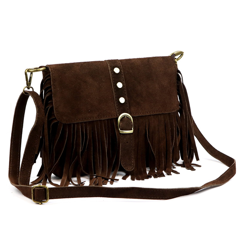 Boho damska listonoszka skórzana zamszowa z frędzlami i kieszenią Luka