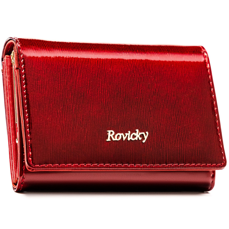 Portfel damski z lakierowanej skóry naturalnej w czerwonym kolorze zamykany na zatrzask i bigiel - Rovicky