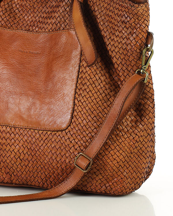 Oryginalna torebka pleciona damska skórzany shopper bag - MARCO MAZZINI brąz camel