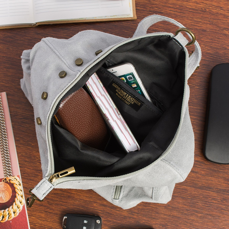 Jasnoszary Włoski Stylowy Plecak Damski Skórzany Zamsz A4 W14