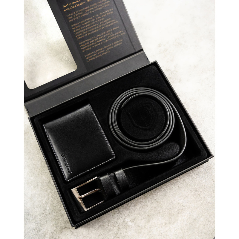 Zestaw prezentowy: skórzany portfel męski w czarnym kolorze z systemem RFID i pasek ze skóry ekologicznej - Peterson