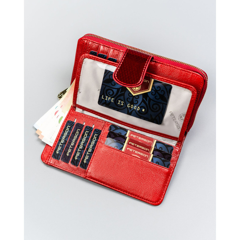 Pionowy portfel damski z lakierowanej skóry naturalnej w czerwonym kolorze - Peterson