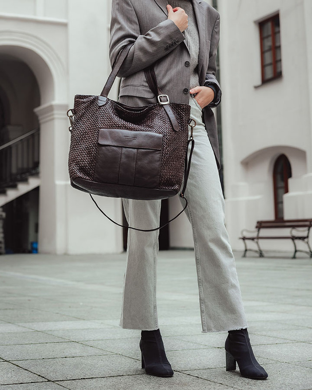 Duża torebka pleciona na ramię shopperka skórzana - MARCO MAZZINI ciemny brąz