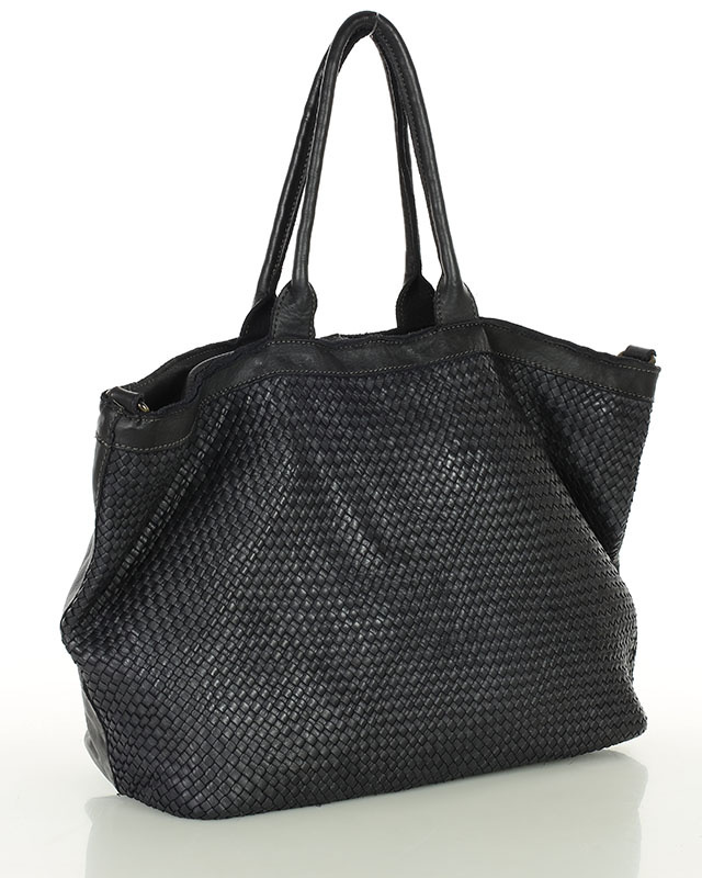 Duża torba shopper z plecionej skóry naturalnej - MARCO MAZZINI czarna