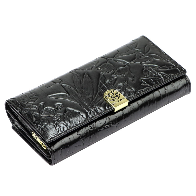 Gregorio podłużny damski portfel duży skóra naturalna kwiatowy wzór