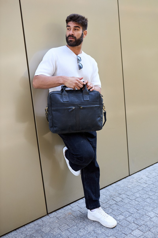 Duża solidna skórzana torba Beltimore na laptopa dokumenty czarna nubuk M87