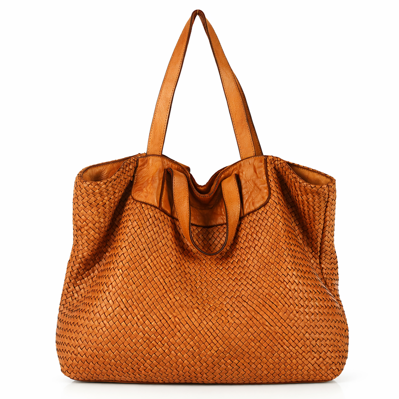 Torba damska pleciona shopper & shoulder leather bag - MAZZINI brąz karmel