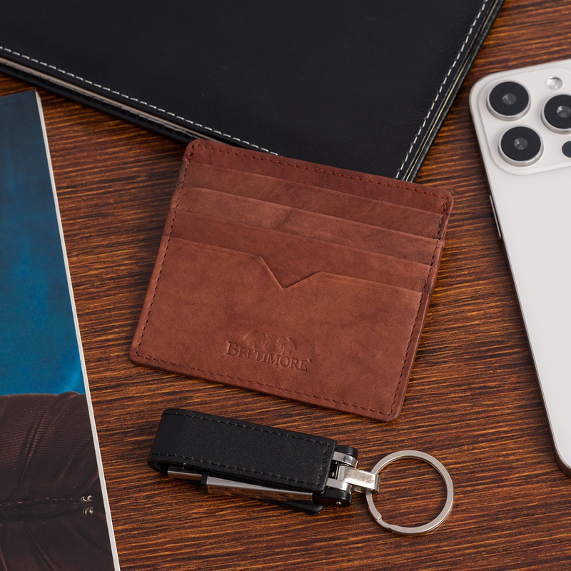 Etui na dokumenty karty wizytówki skórzane slim portfel brązowe Beltimore E49