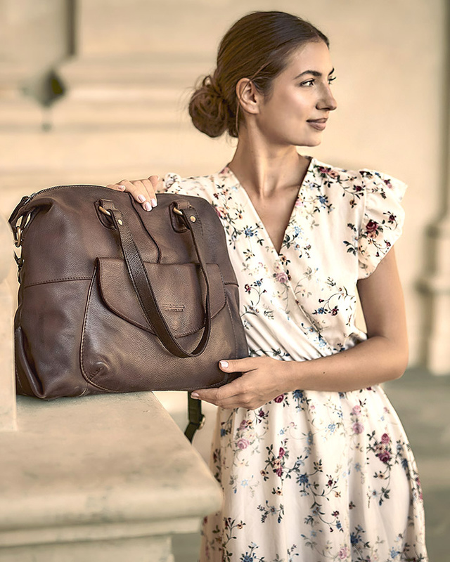 Shopper bag torebka skórzana A4 do pracy - MARCO MAZZINI ciemny brąz
