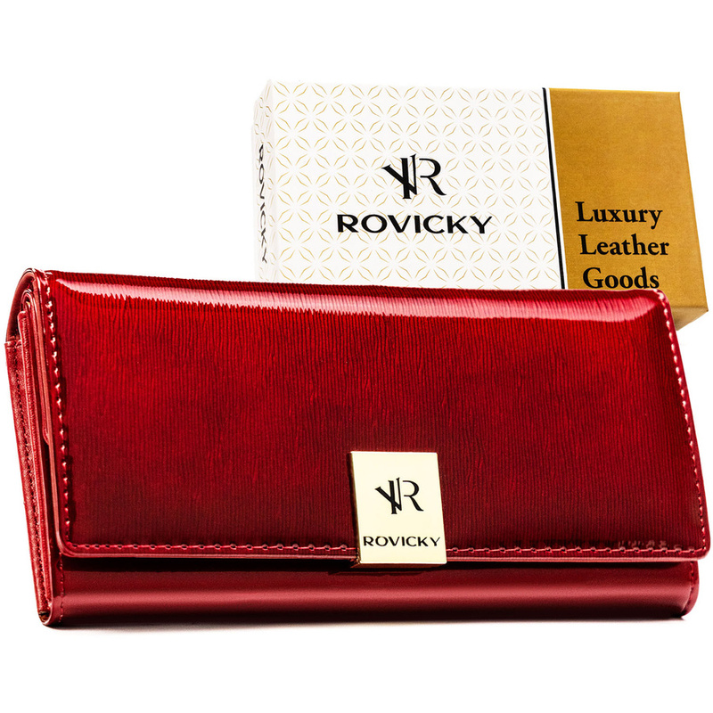 Duży portfel damski z lakierowanej skóry naturalnej w czerwonym kolorze zamykany na zatrzask - Rovicky