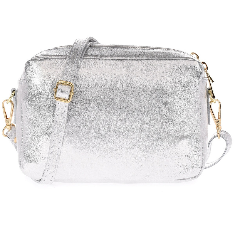 Skórzana damska torebka listonoszka srebrna dwukomorowa pojemna na pasku P10