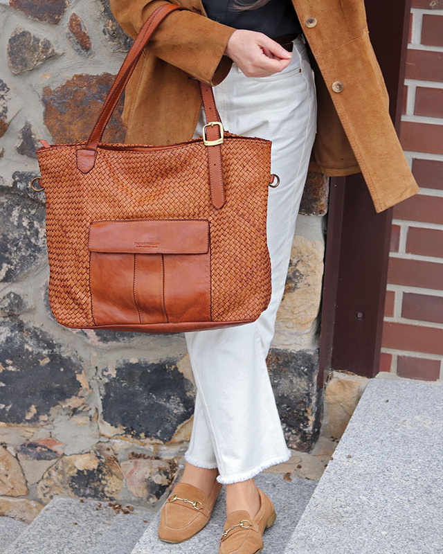 Duża torebka pleciona na ramię shopperka skórzana - MARCO MAZZINI brąz camel