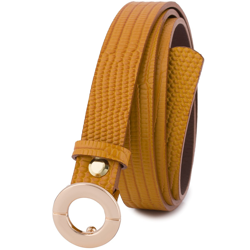 Skórzany pasek damski do spodni sukienki musztardowa skóra nat 1,8 cm Beltimore O16 : Kolory - żółty, złoty, Rozmiar pasków - r.110-125 cm