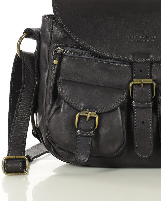 MARCO MAZZINI Skórzana torebka listonoszka z kieszeniami safari handmade bag czarna