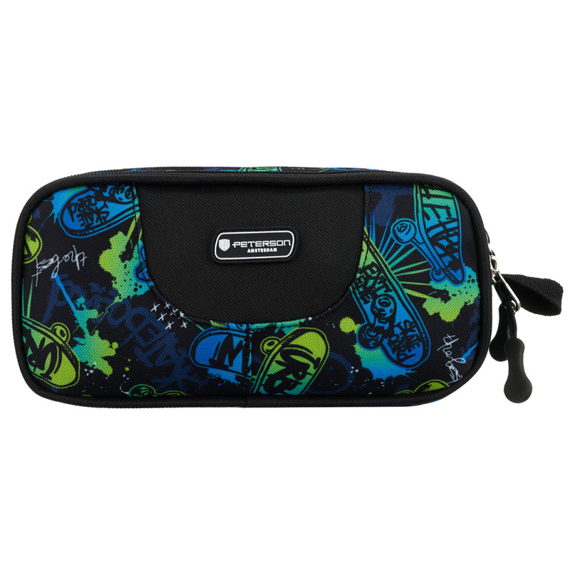 Dwukomorowy piórnik szkolny z poliestru pokryty wzorem w deskorolki - Peterson