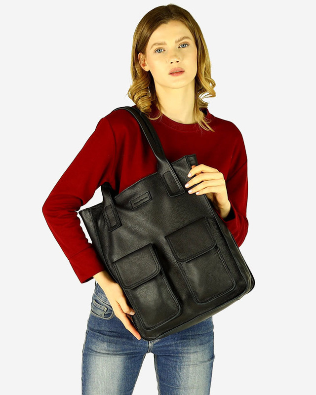 Torebka skórzany shopper bag z kieszeniami - MARCO MAZZINI Ravenna czarny
