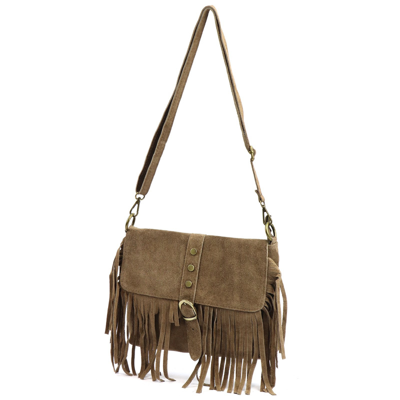 Boho damska listonoszka skórzana zamszowa z frędzlami i kieszenią Luka