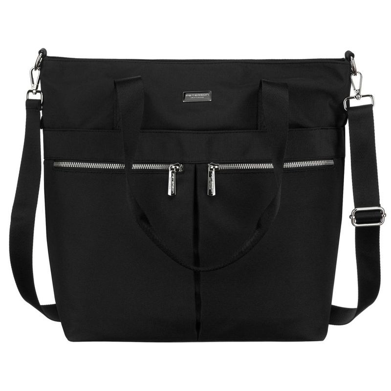 Jednokomorowa, czarna shopperka damska zamykana suwakiem - Peterson