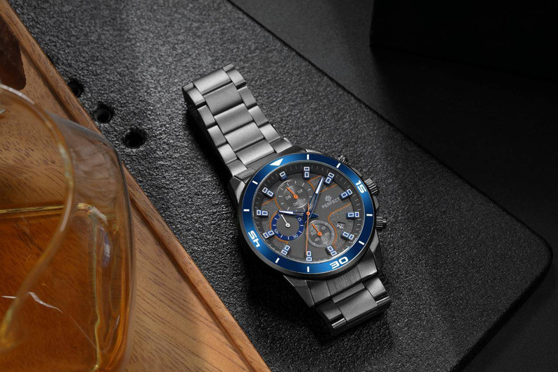 Czarny elegancki zegarek męski bransoleta duży solidny Perfect CH02M