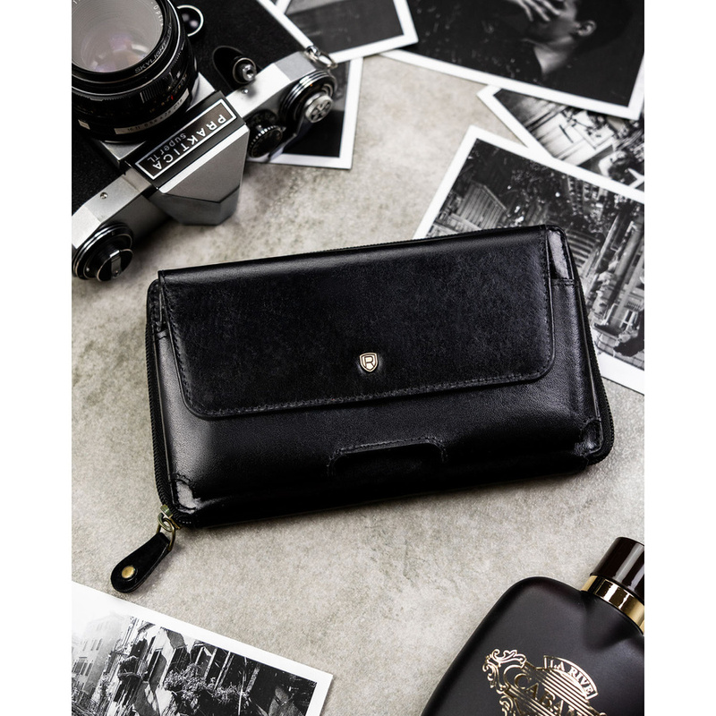 Skórzana, dwukomorowa saszetka męska w czarnym kolorze zamykana suwakiem - Rovicky