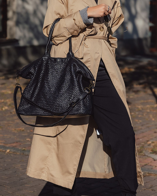 Duża torba shopper z plecionej skóry naturalnej - MARCO MAZZINI czarna