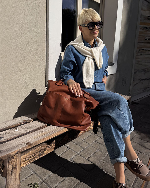 Torebka skórzana XL shopper vintage bag z kieszeniami vera pelle - MARCO MAZZINI brąz migdałowy