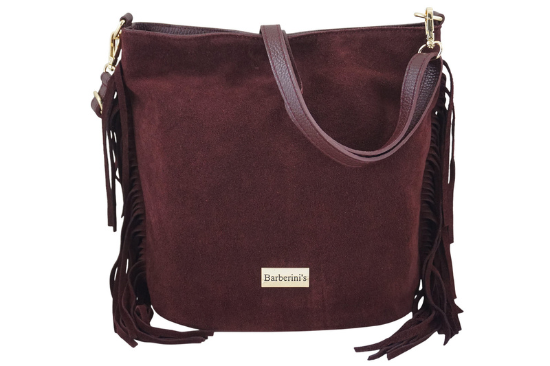 Zamszowa torebka boho z frędzlami - Bordowa