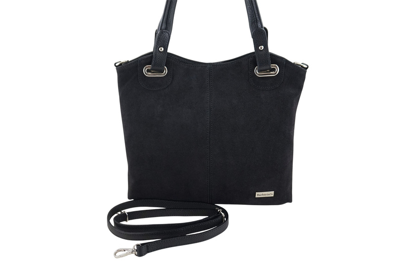 Duża elegancka torebka z naturalnej skóry i zamszu - Czarna