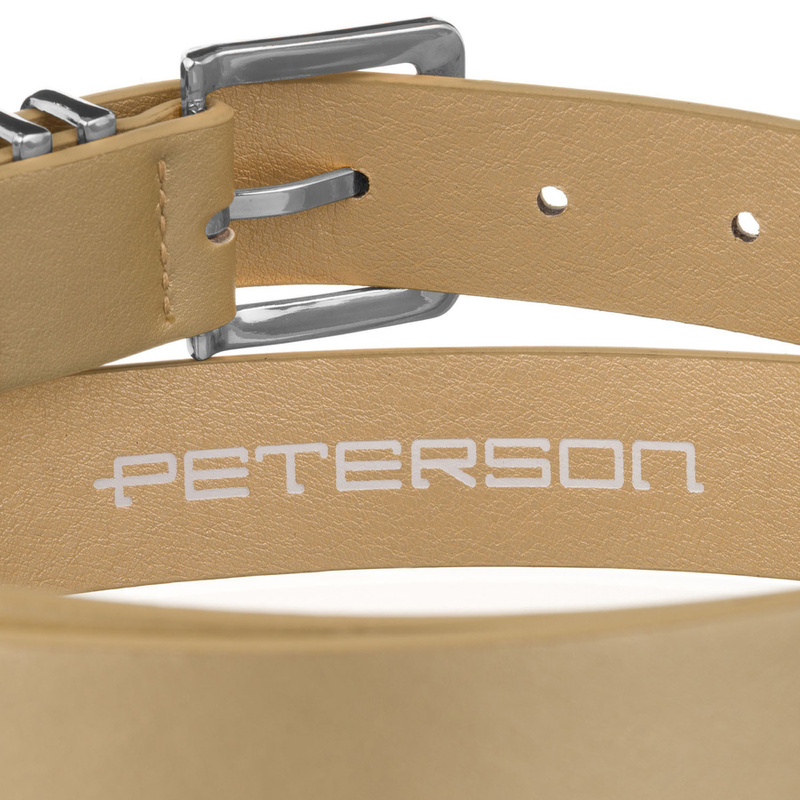 Beżowy pasek damski ze skóry ekologicznej ze srebrną, klasyczną klamrą - Peterson