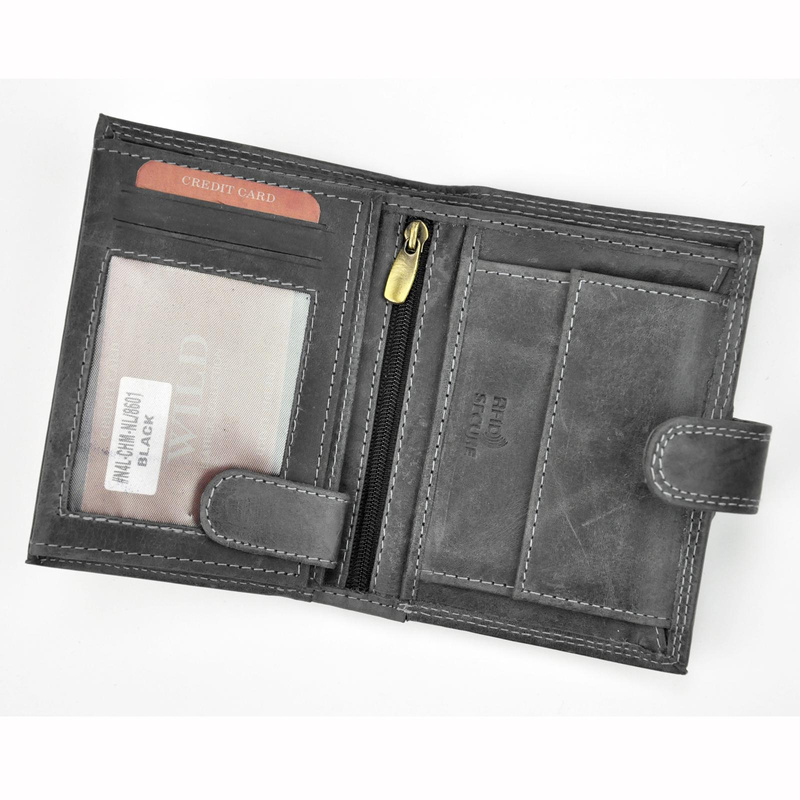 Wild męski portfel skóra naturalna pionowy duży zatrzask ochrona RFID