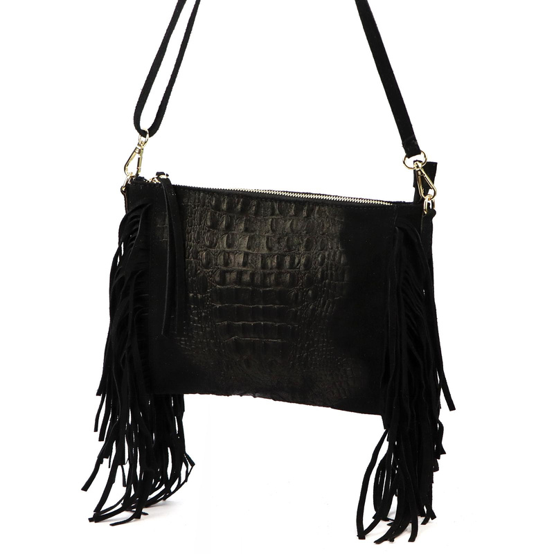 Vera Pelle skórzana damska listonoszka torebka przez ramię z frędzlami