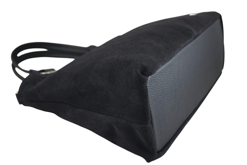 Duża elegancka torebka z naturalnej skóry i zamszu - Czarna